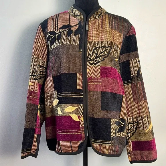 🍁 Vintage Carpet Tapestry Fall Leaves Full Zip Lightweight Jacket Coat - Picture 3 of 5